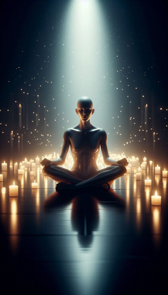 Wide-angle shot of an androgynous person meditating quietly by candlelight in a dark background. 