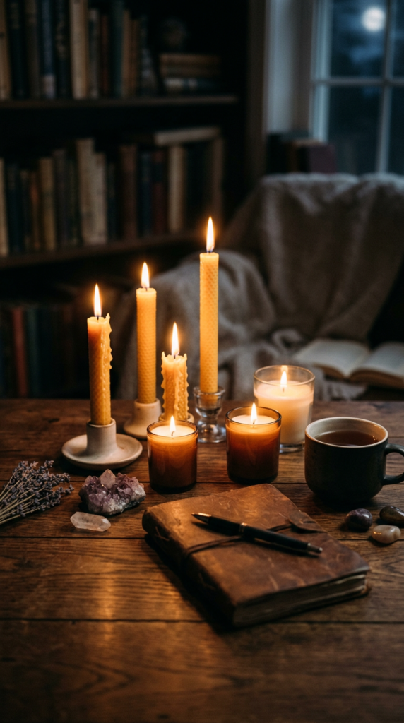 Lit candles, crystals, journal with pen, and cup of tea on a wooden table by a cozy chair and bookshelf