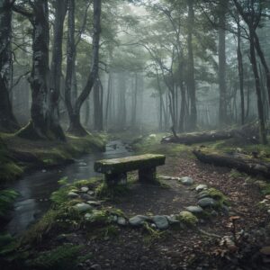 Peaceful forest resting place evoking silence and discernment, photorealistic, mystical, enchanting