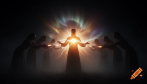 Wide-angle shot of a vast, deep cosmic darkness. In the centre a radiant golden being that emits a warm, brilliant glow. Surrounding it are several shadow-like silhouettes of people, each leaning in with open hands. The moment of ignition is captured, with sparks of divine light jumping from the torch to people's hearts. Ethereal, misty atmosphere, high contrast, spiritual and sacred vibe, 8k resolution, photorealistic but mystical.