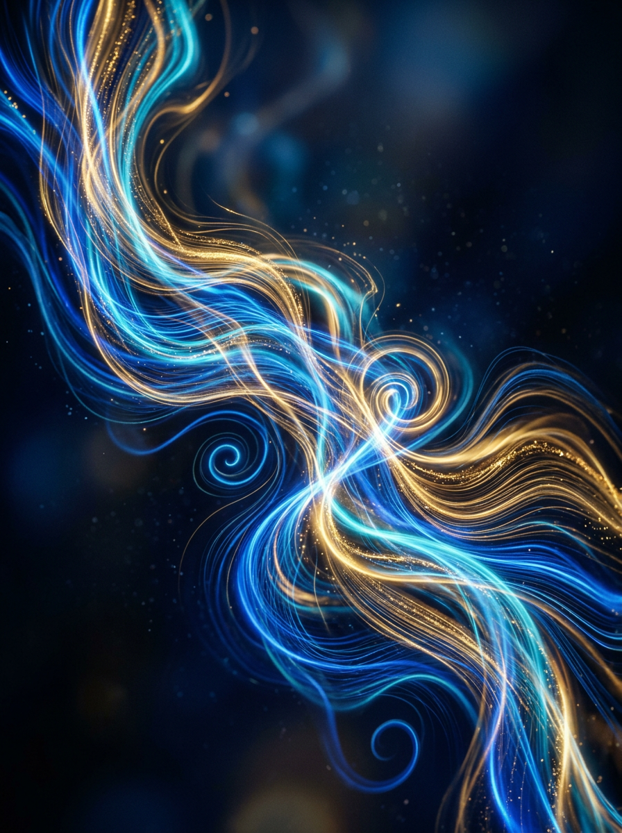 Glowing blue and gold swirling light trails on dark background
