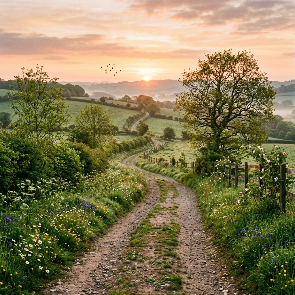 Winding dirt path through green countryside with trees and wildflowers at sunrise