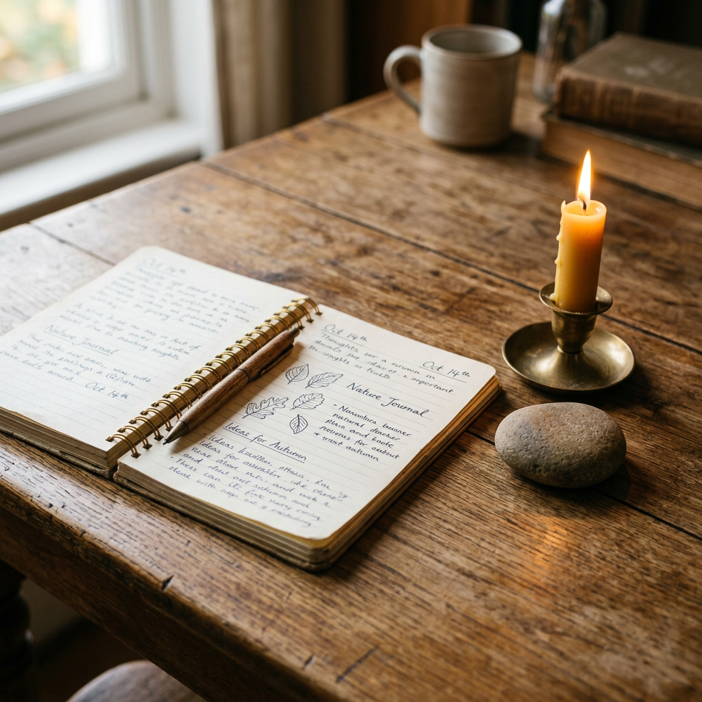 Open nature journal with handwritten notes and leaf illustrations on wooden table with pen, lit candle, and stone