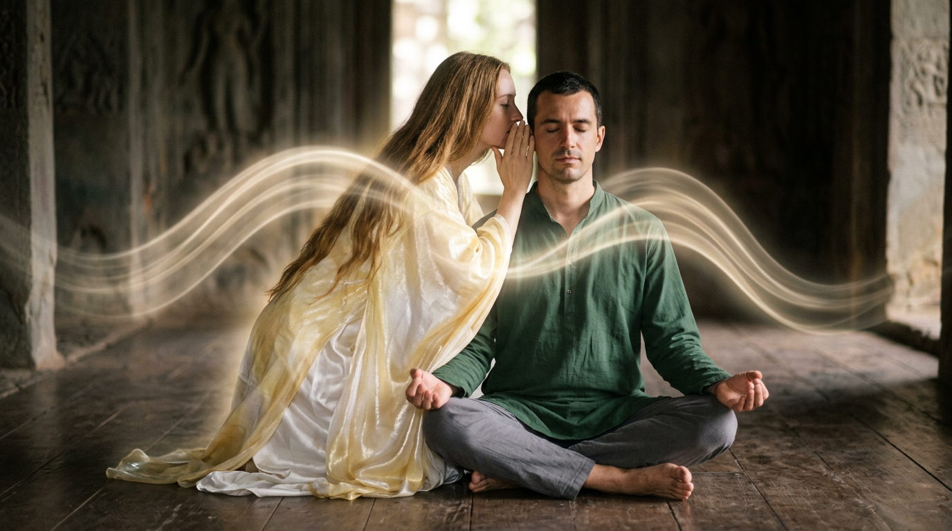 Woman whispering to a meditating man with glowing energy waves connecting them