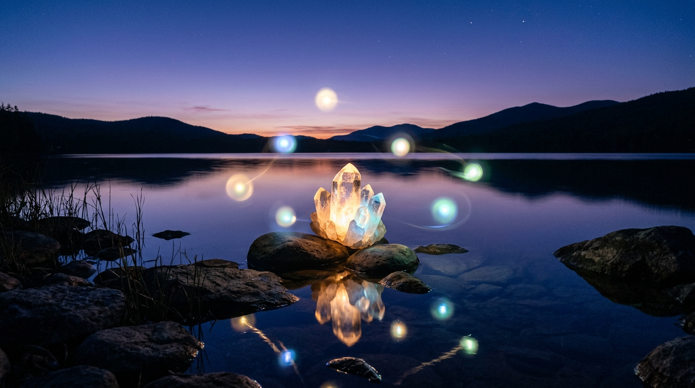 Crystal cluster emitting light on rocks by calm lake at dusk with glowing orbs